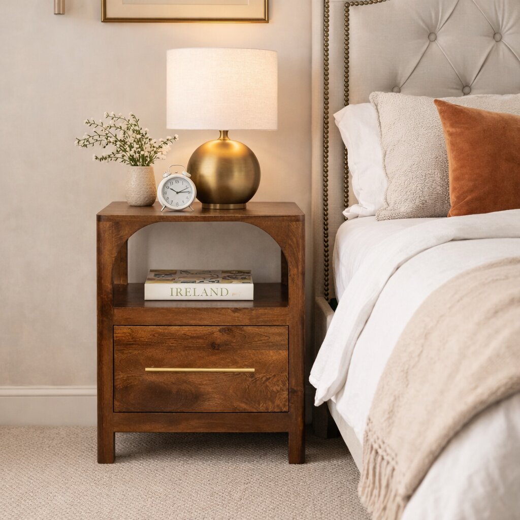Solid Wood Arc Bedside Table 1 Drawer 1 Open Shelf Brown