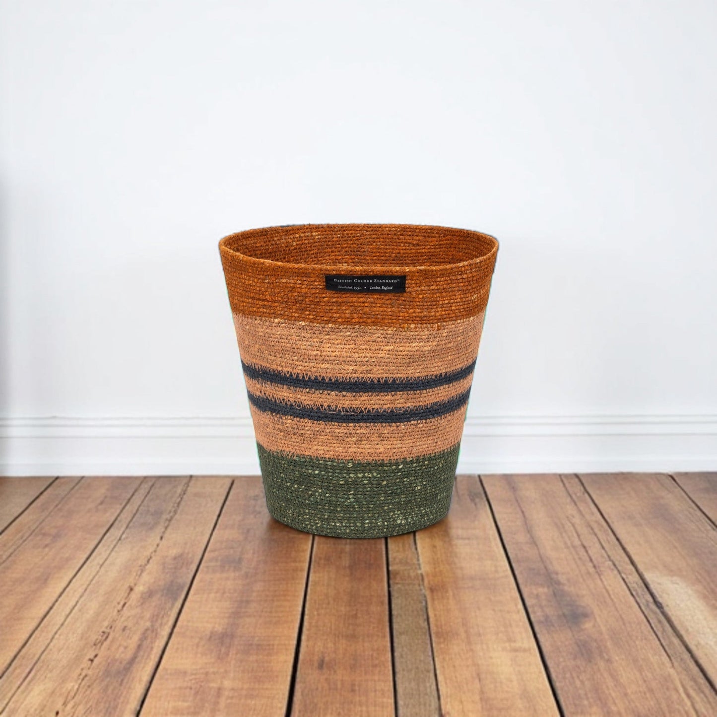 Striped Seagrass Waste Paper Basket in Olive / Old Rose