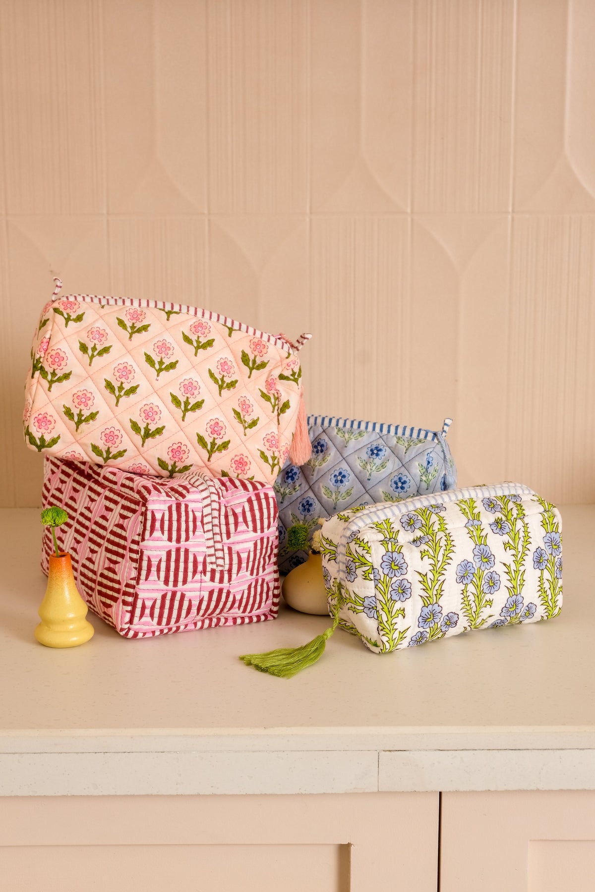 Striped Circles Blockprint Makeup Bag in Burgundy and Pink