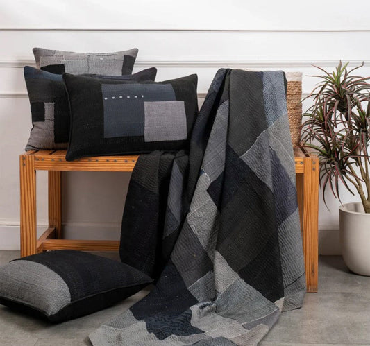 Landscape Fray Patch Handmade Vintage Kantha Throw - Black