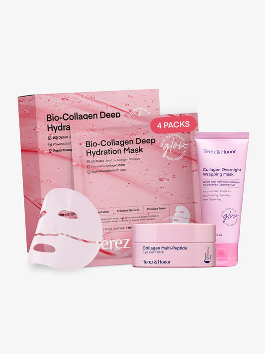 Terez & Honor Korean Collagen Mask Set - 3-Piece Bundle with 4ea Bio-Collagen Face Masks, 100 ml Night Wrapping Peel-Off Mask & 60 pcs Eye Patches for Deep Hydrating, Firming & Glass Like Glow