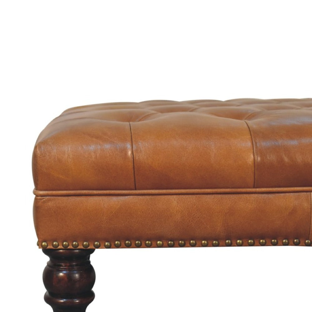 Solid Wood Studded Buffalo Leather Upholstered Ottoman