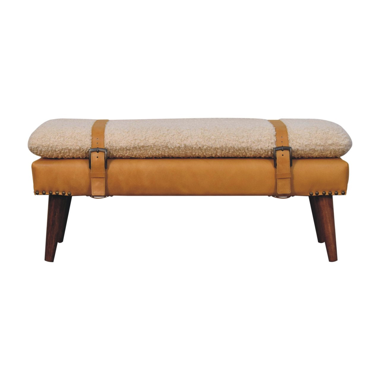 Solid Wood Boucle Tan Leather Bench