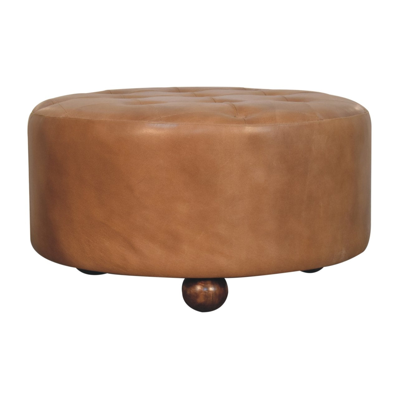 Brown Buffalo Hide Leather Upholstered Round Ottoman