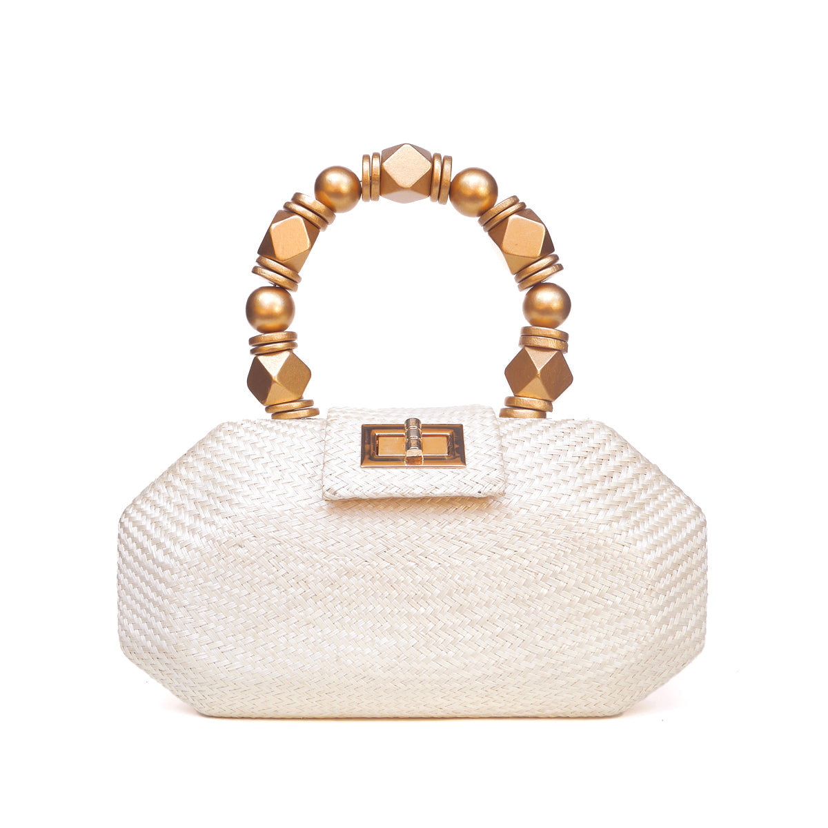 THE MELIA — Cream Woven Straw Clutch with Beaded Top Handle