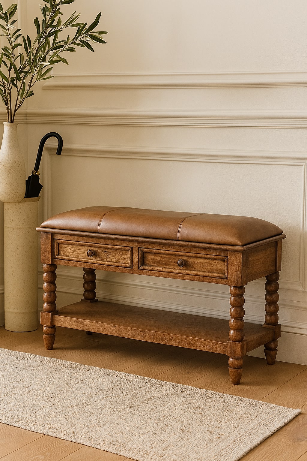 Solid Wood Leather Spindle Bench