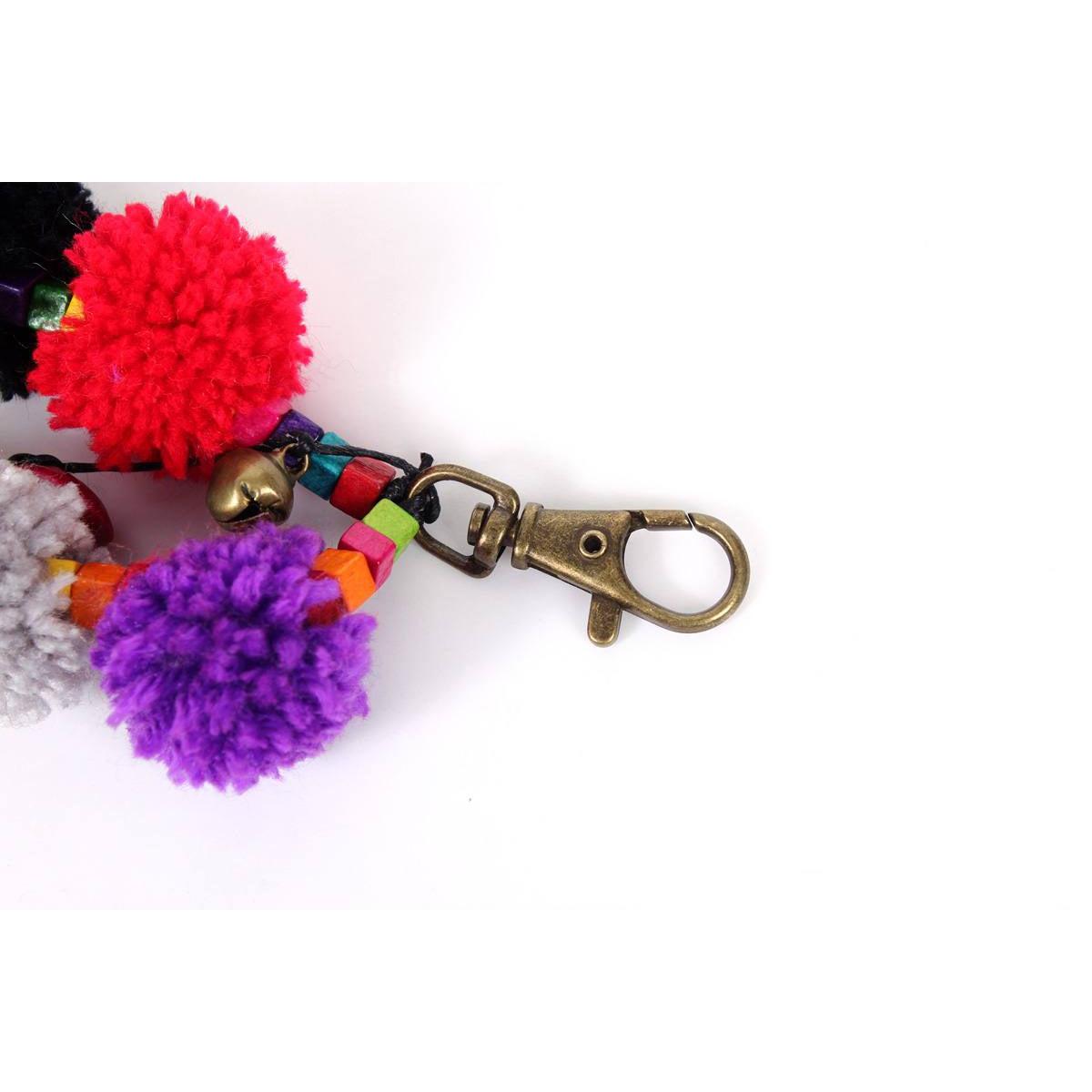 Multicolor Pom Pom Keychain with Beads and Bells | Handmade Zipper Pull | Thailand