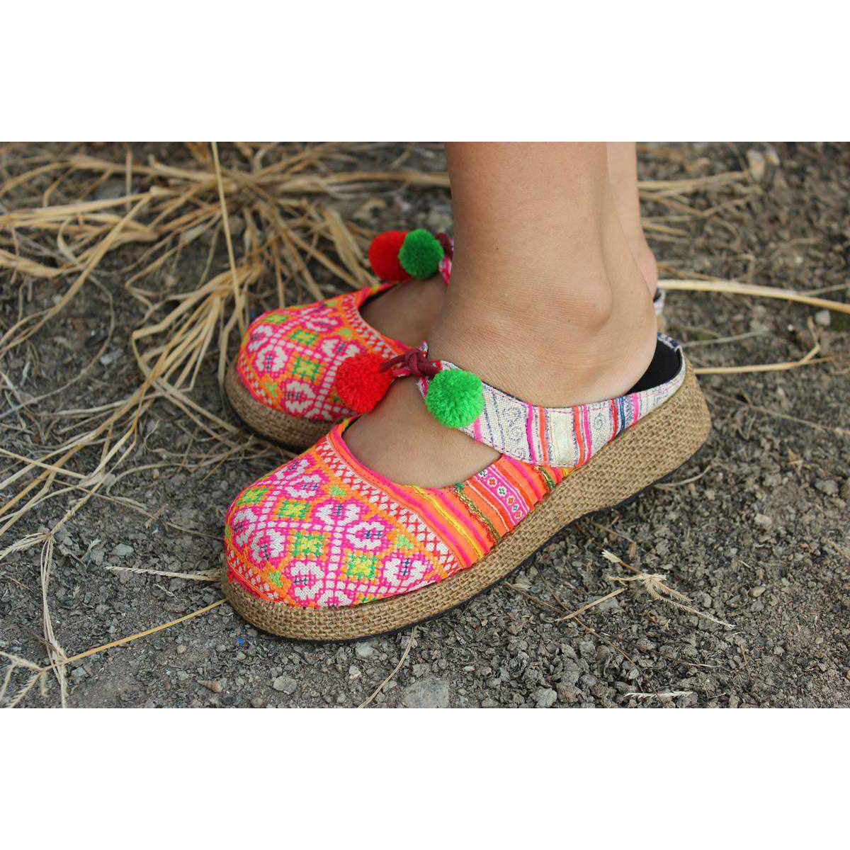 Upcycled Hmong Textile Fabric Clog Shoes - Thailand