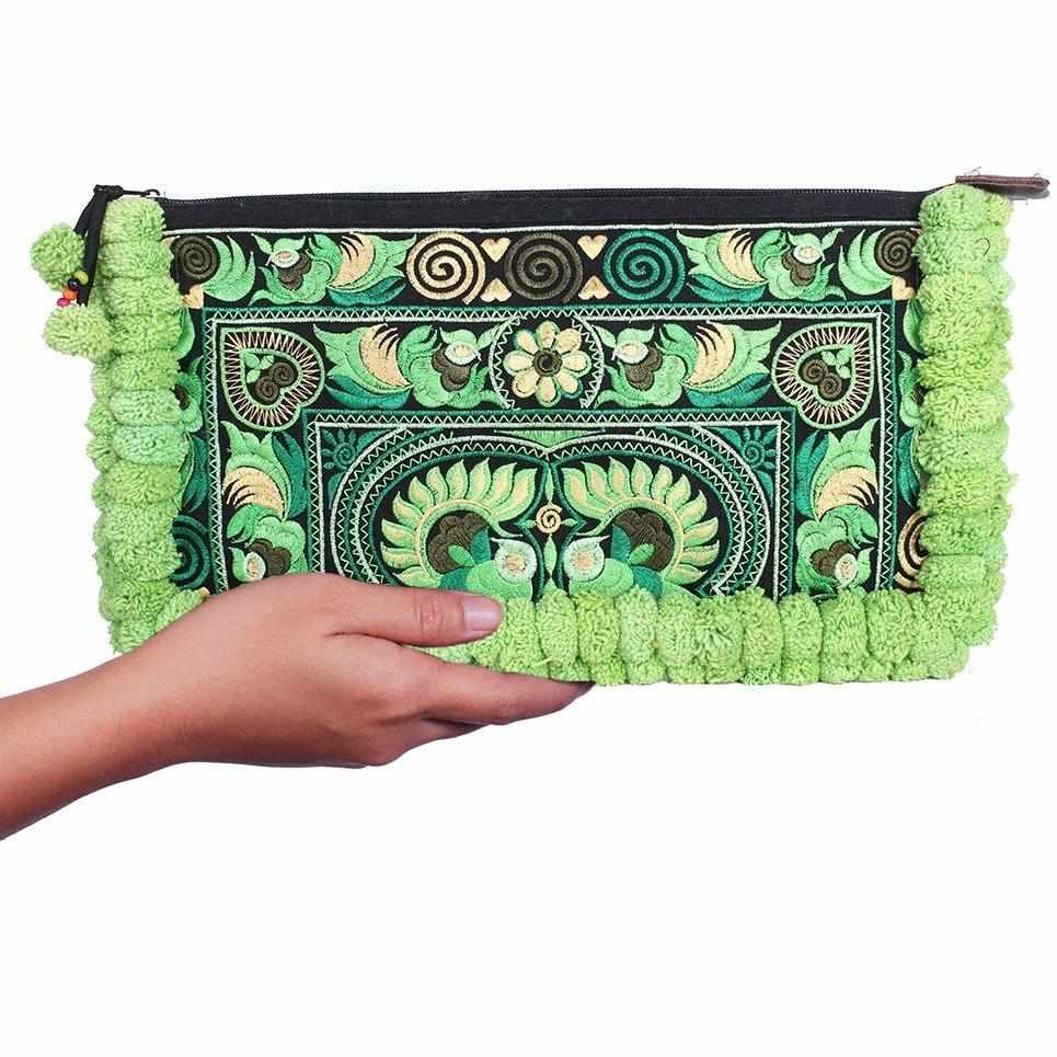 Double Pompom Embroidered Hmong Clutch - Thailand