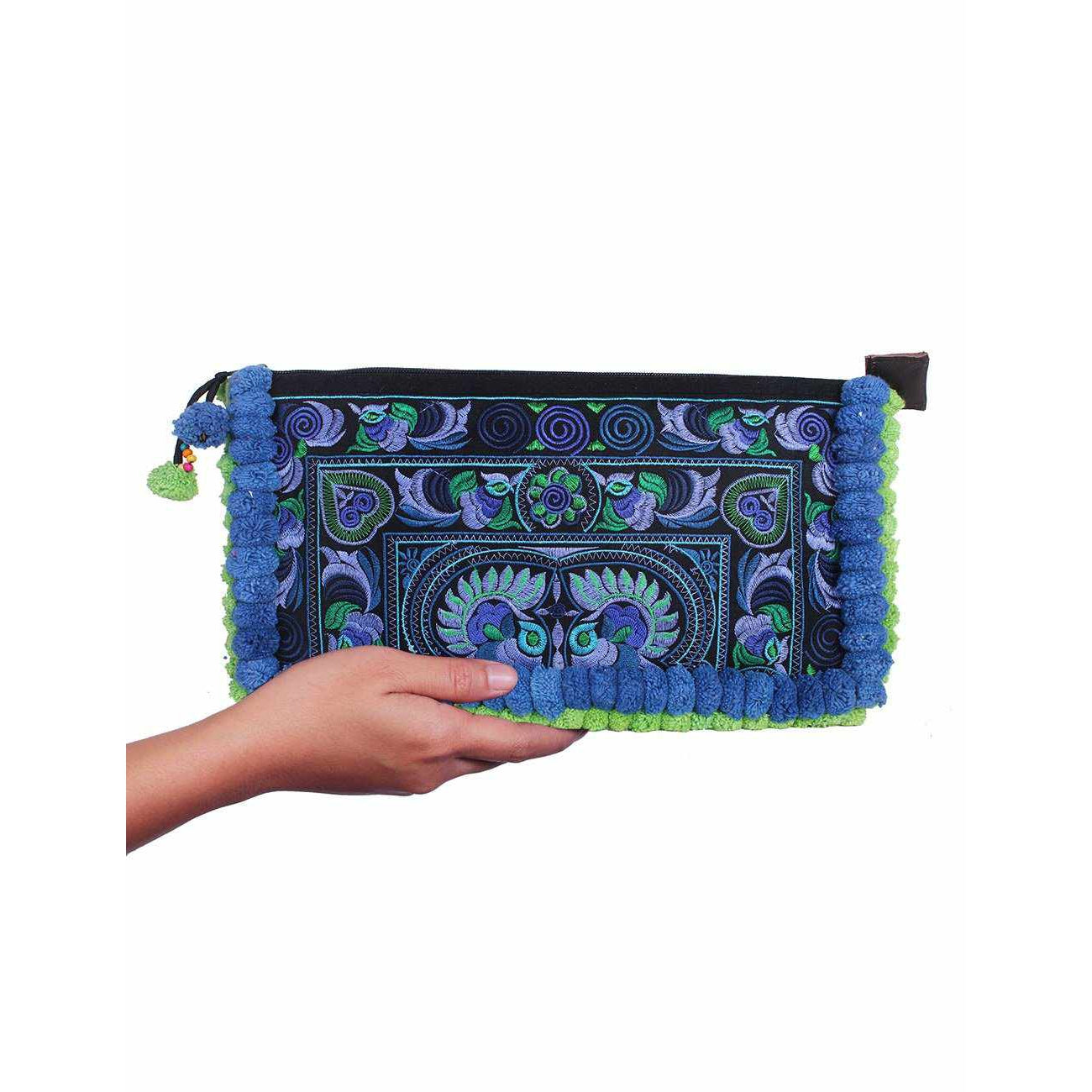 Double Pompom Embroidered Hmong Clutch - Thailand