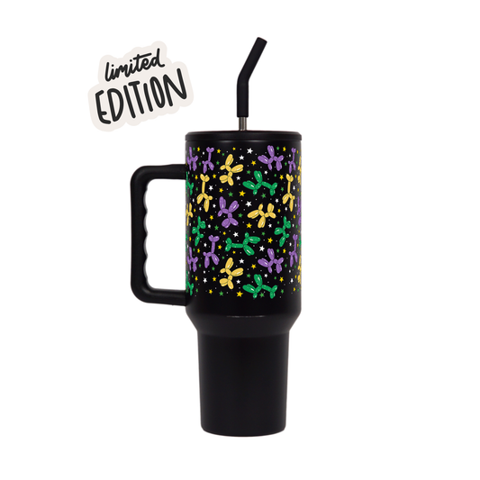 Limited Edition Metal: "Balloon Dog Mardi Gras" Tumbler with Handle Lid & Straw