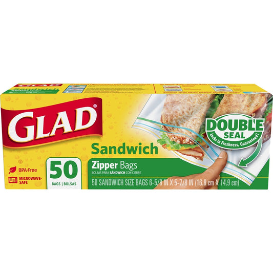 Glad Zipper Food Storage Plastic Sandwich Bags, 6.63 X 5.88, Clear, 50 Bags/Box