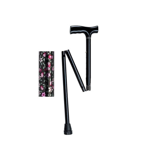 Drive Medical Lightweight Adjustable Black Floral Folding Cane With T Handle