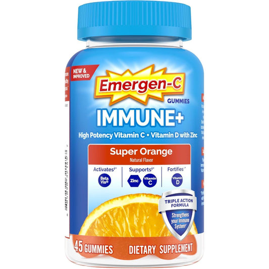 Emergen-C Immune+ Gummies (45 Count, Super Orange Flavor) Immune System Support With 500mg Vitamin Dietary Supplement, Caffeine Free, Gluten Free