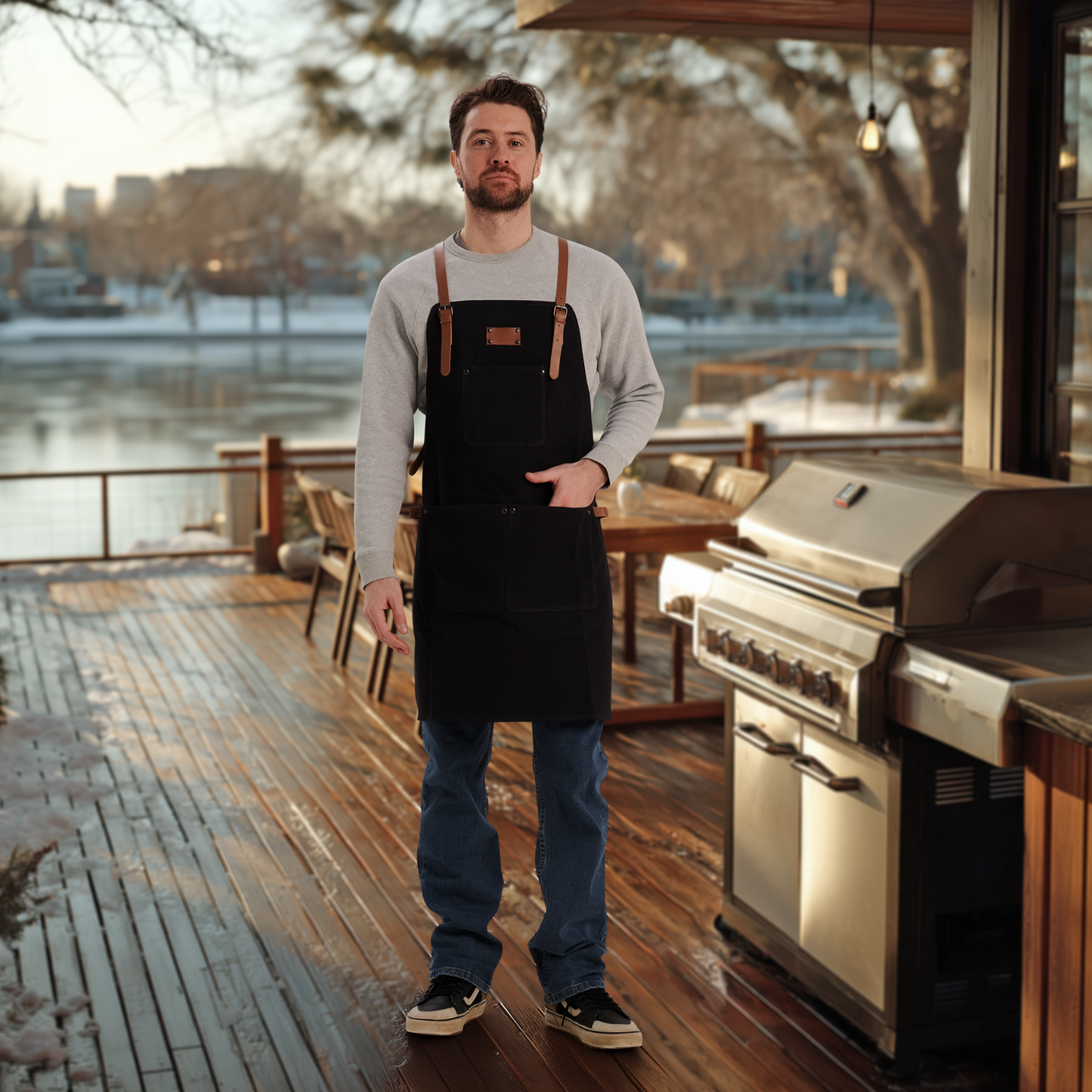 Waxed Canvas Work Apron with Leather Straps & Utility Pockets