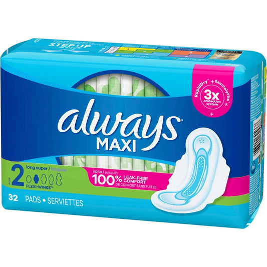 Always Maxi Pads With Wings, Long Super Absorbency, Size 2
