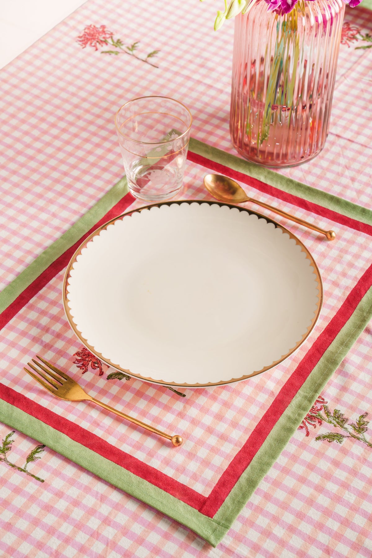 Dahlia Gingham Blockprint Placemat, Set of 2