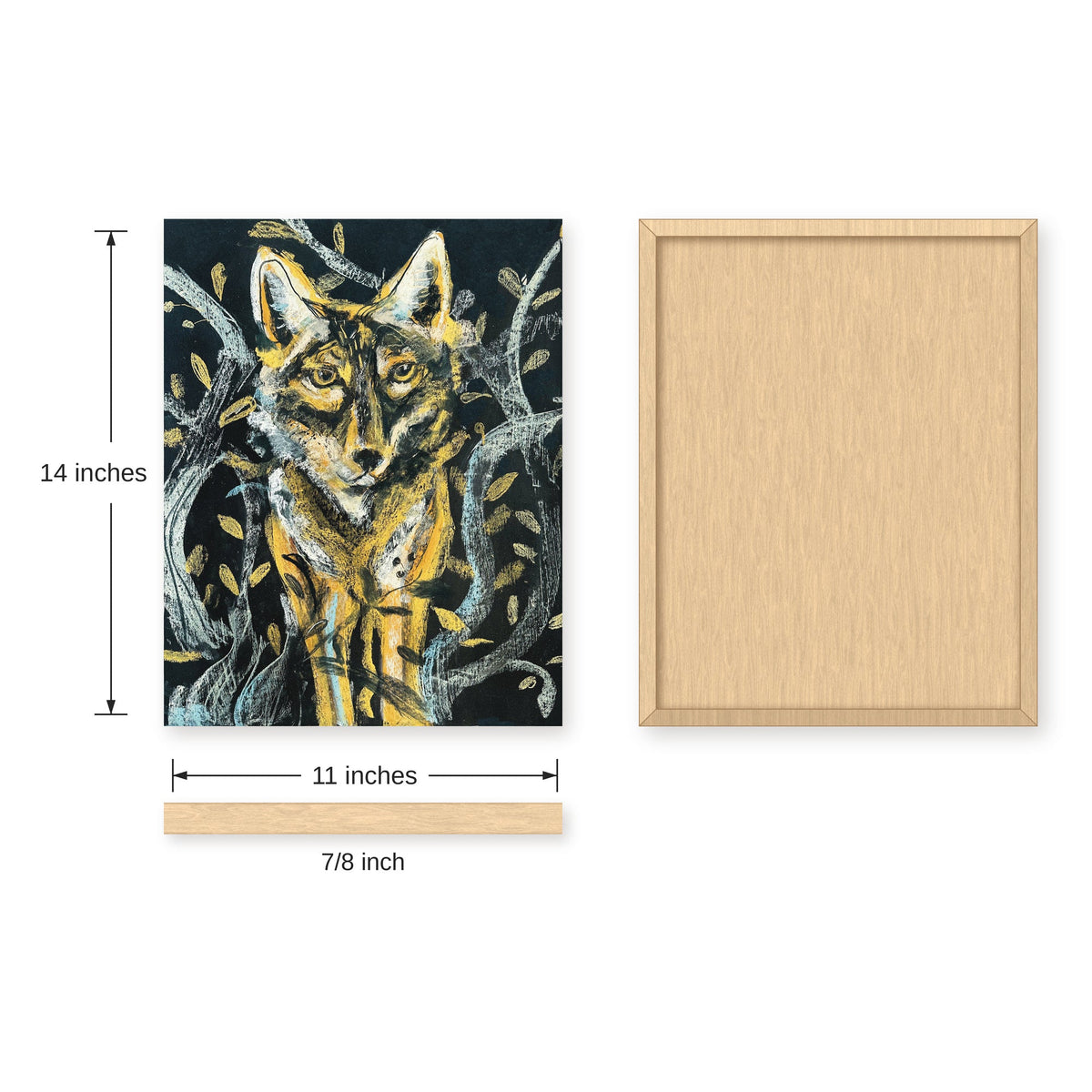 Coyote in the Woods: Moonlit Folk Art Print on Board, Wildlife Wall Art