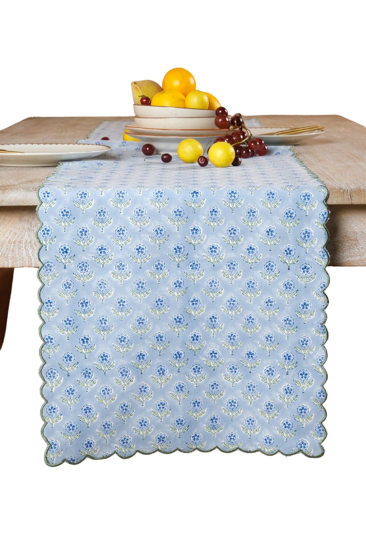 Mona Scallop Embroidered Blockprint Table Runner in Blue