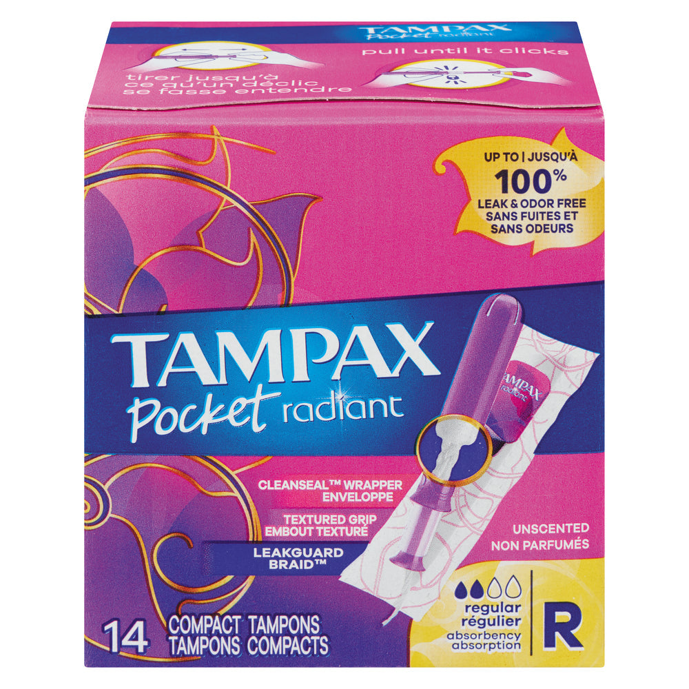 Tampax Pocket Radiant Compact Tampons Regular Absorbency With BPA-Free Plastic Applicator And LeakGuard Braid, Unscented