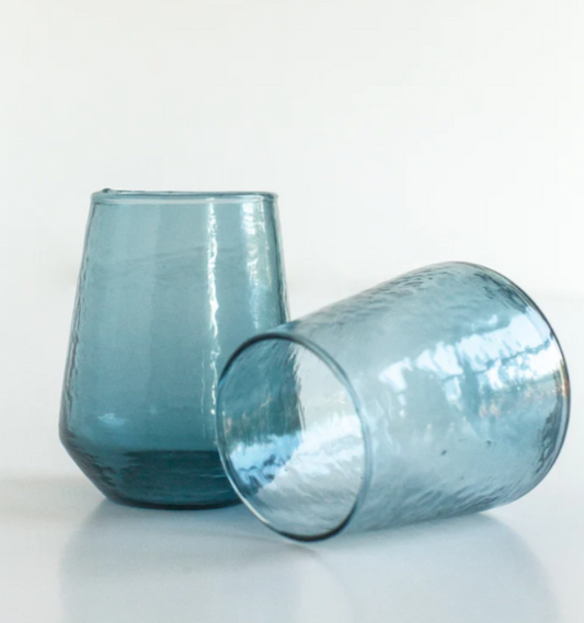 S/4 Handblown Hammered Glass Water Tumbler- Blue - Osadia Concept Store