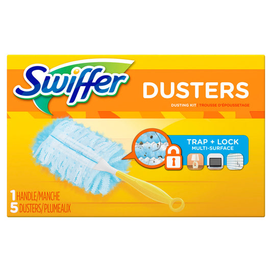 Swiffer Dusters Starter Kit, Dust Lock Fiber, 6" Handle, Blue/Yellow