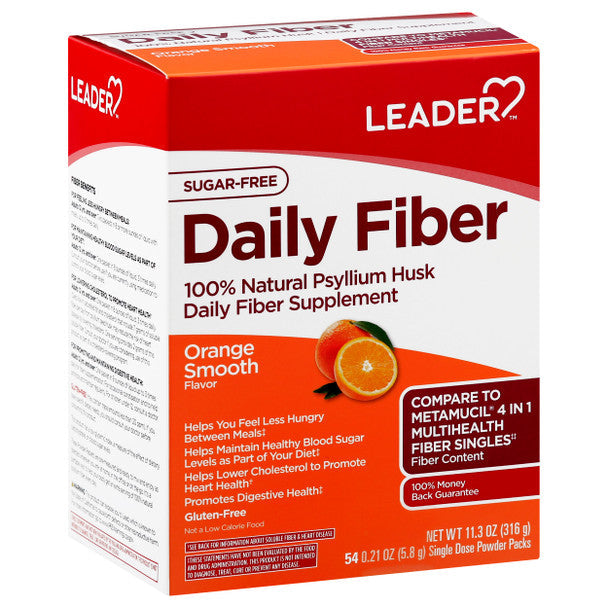 Leader Health Care Daily Fiber, Sugar-Free, Singe Dose Powder Packs, Orange Smooth Flavor
