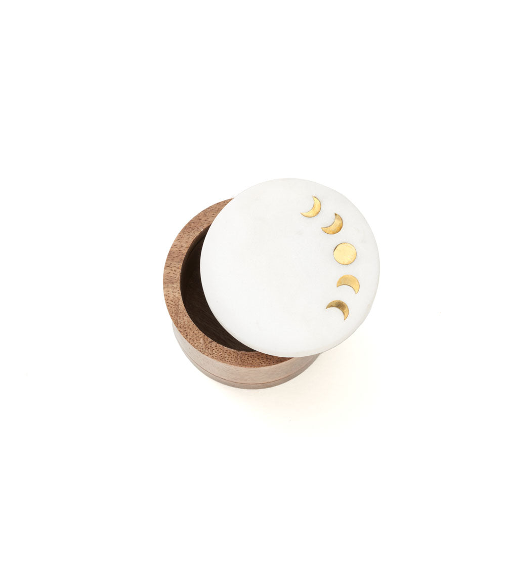 Indukala Moon Phase Round Keepsake Box - Wood, Marble, Brass - Osadia Concept Store