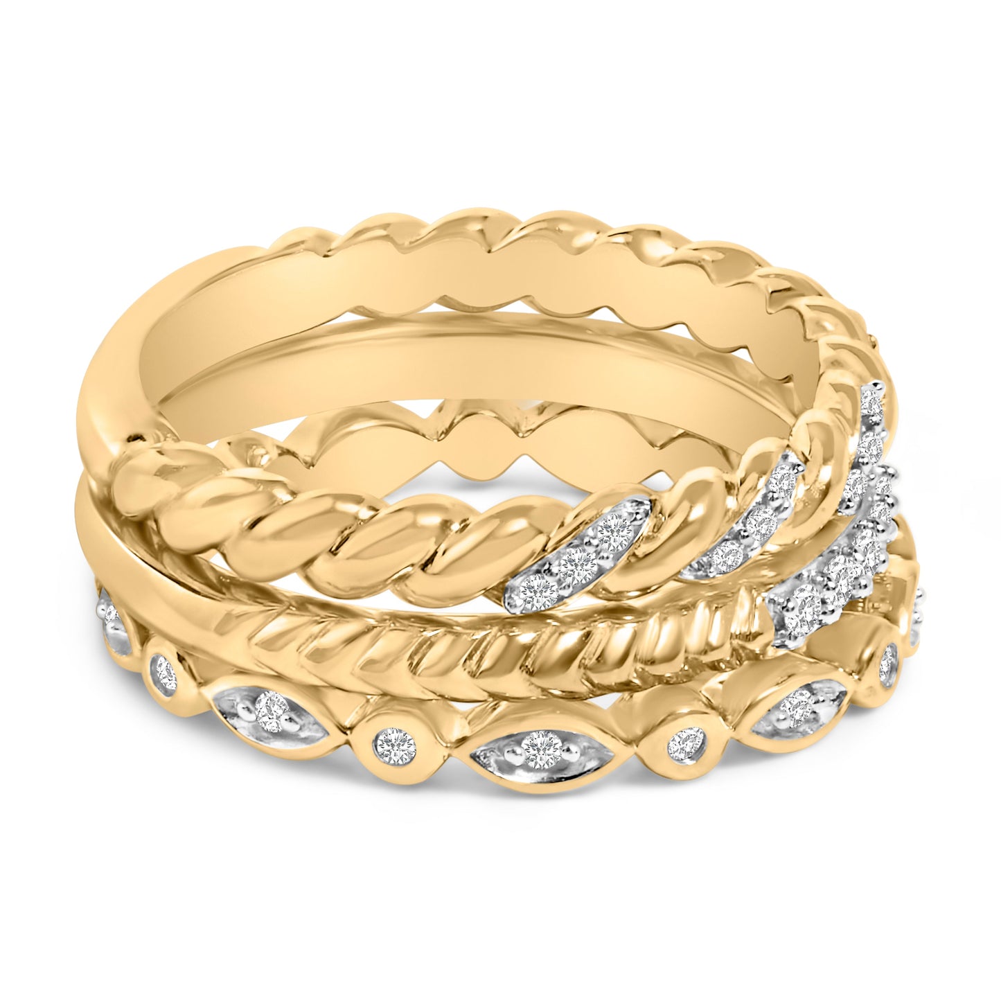 14K Yellow Gold Plated Sterling Silver 1/4 Cttw Diamond Twist Leaf Stackable Ring Set