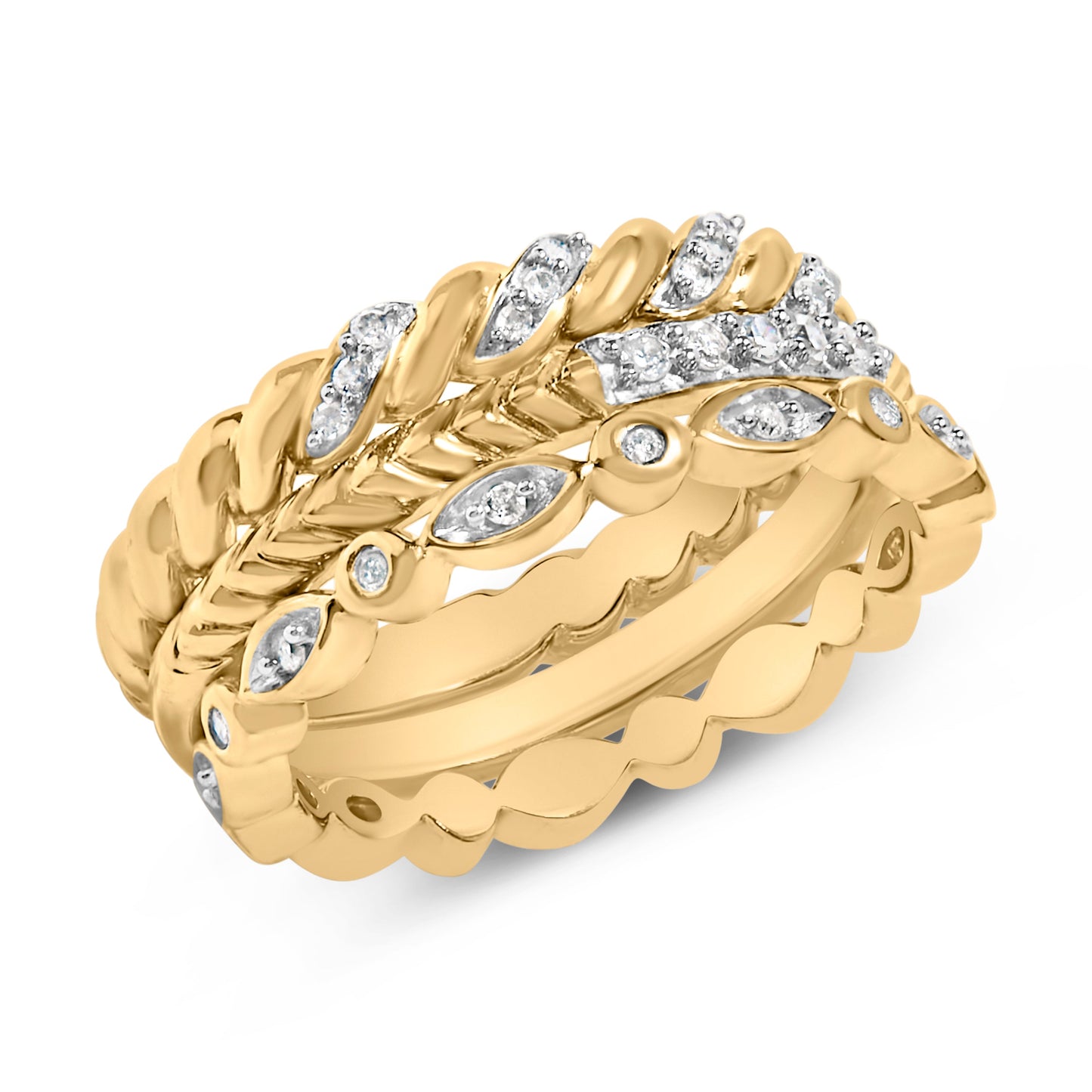 14K Yellow Gold Plated Sterling Silver 1/4 Cttw Diamond Twist Leaf Stackable Ring Set