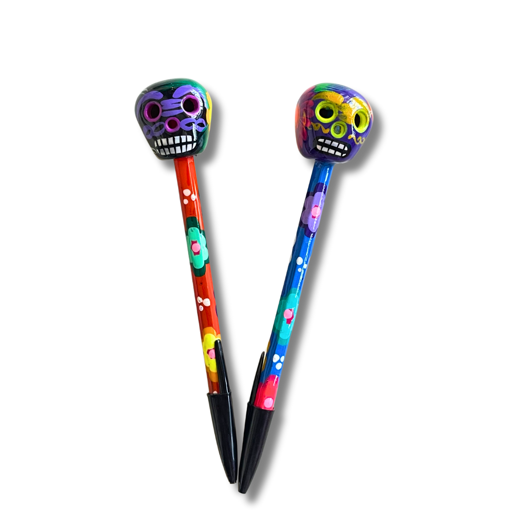 Hand-Painted Sugar Skull Ceramic Floral Pen - Unique Mexican Design - Mexico - Osadia Concept Store