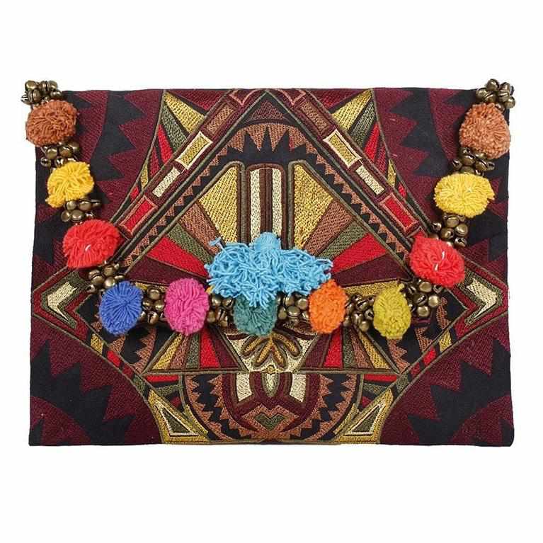 Pom Pom Embroidered Tribal Clutch | iPad Bag - Thailand