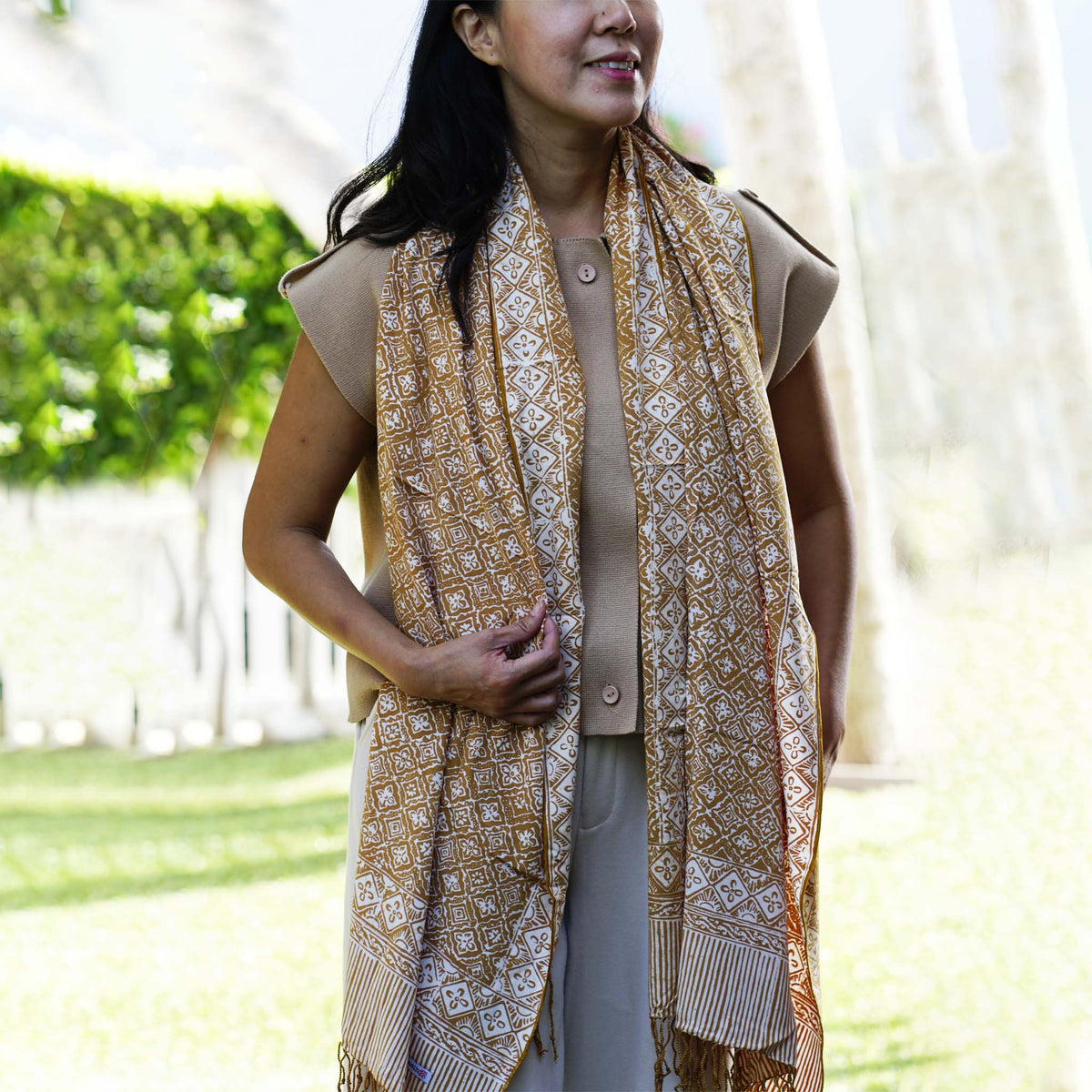 Handmade Batik Scarf, Soft Cotton, Frangipani, Kamboja, Yellow, Brown, Cream, Fall, Autumn