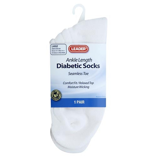 Leader Diabetic Sock Ankle White Large - 1 Pair