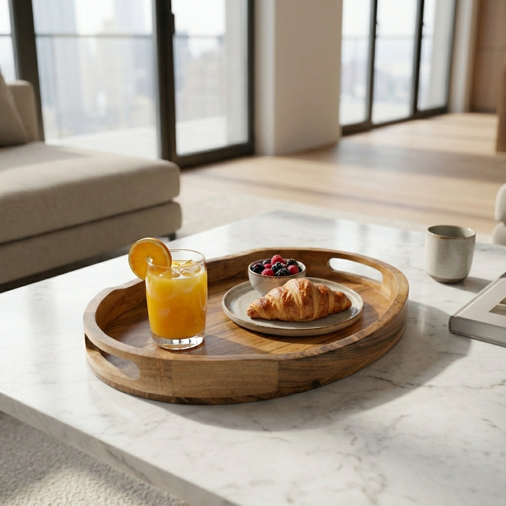 Acacia Wood Oval Serving Tray in Natural Finish