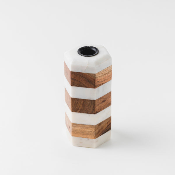 Striped Marble & Acacia Candleholder