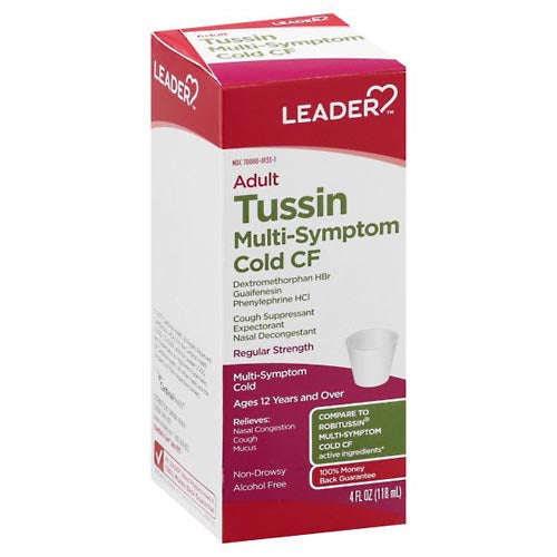 Leader Multi-Symptom Cold CF, Tussin, Regular Strength, Adult, 4 Oz