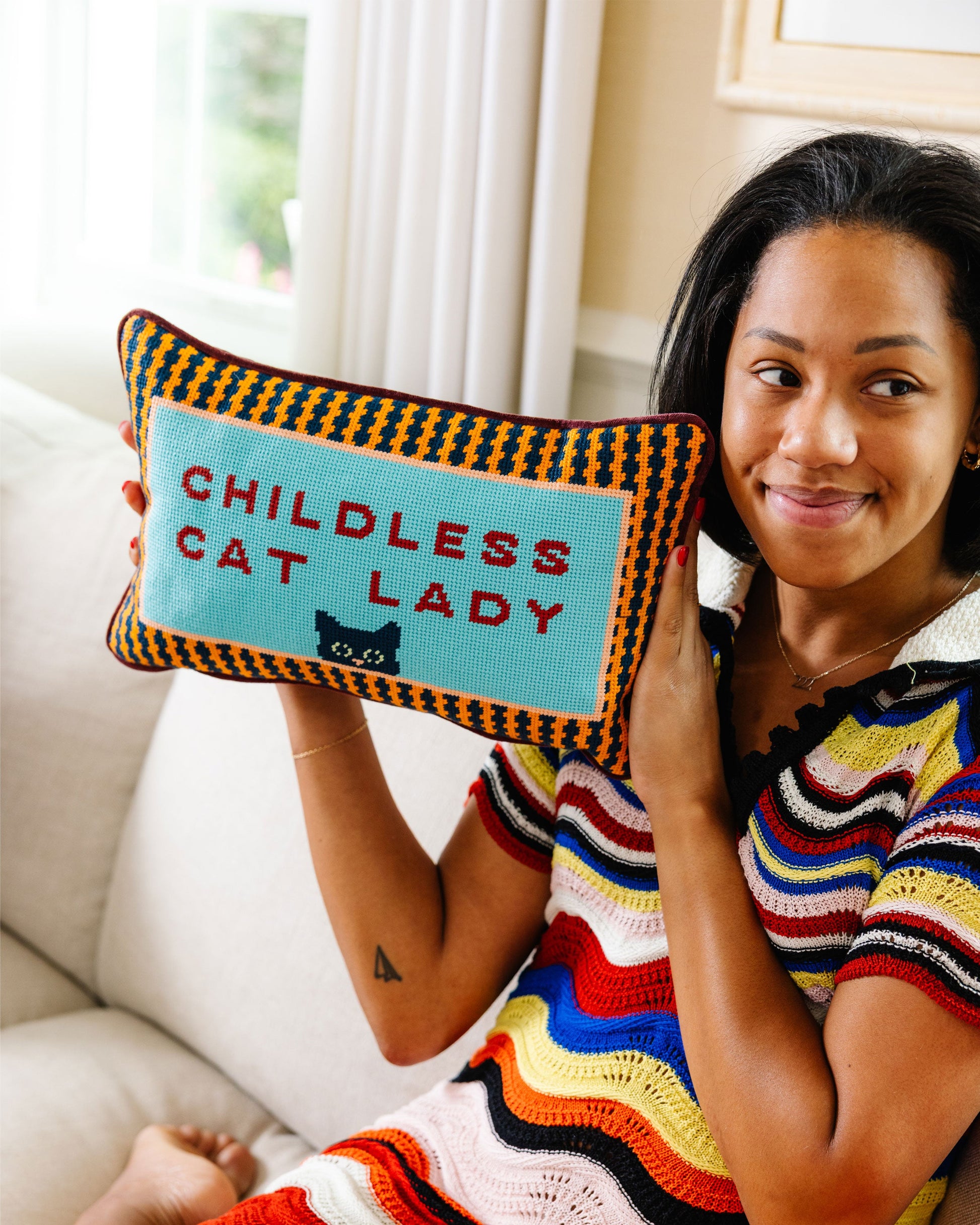 Childless Cat Lady Needlepoint Pillow - Osadia Concept Store