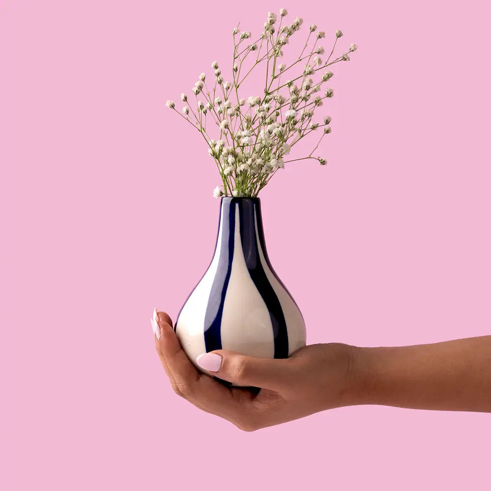 Ceramic Stripe  bud vase, 3.5 x 3.5 x 4.75 Inches-  Blue , Set of 2