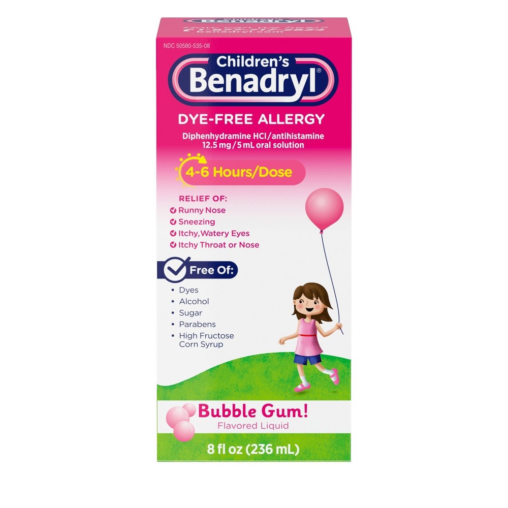 Children's Benadryl Allergy, Dye Free, Liquid, Bubble Gum! Flavored 8 Fl Oz