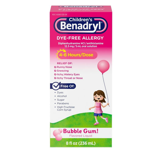 Children's Benadryl Allergy, Dye Free, Liquid, Bubble Gum! Flavored 8 Fl Oz