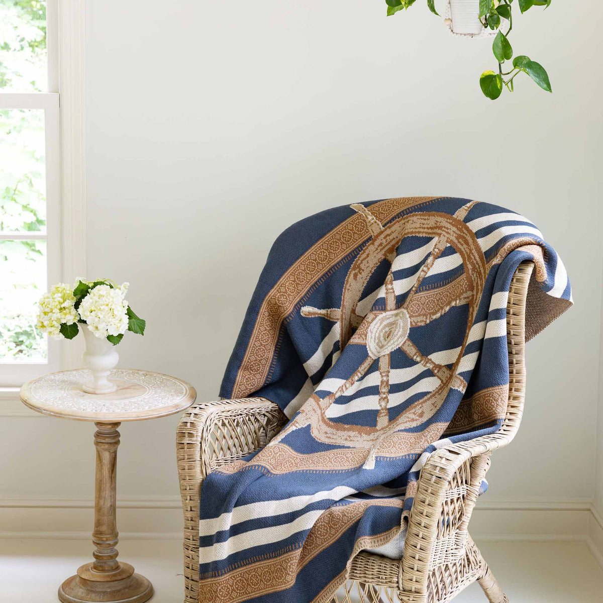 Nautical Captain's Wheel - Cotton Sustainable Knit Traditional Throw Blanket
