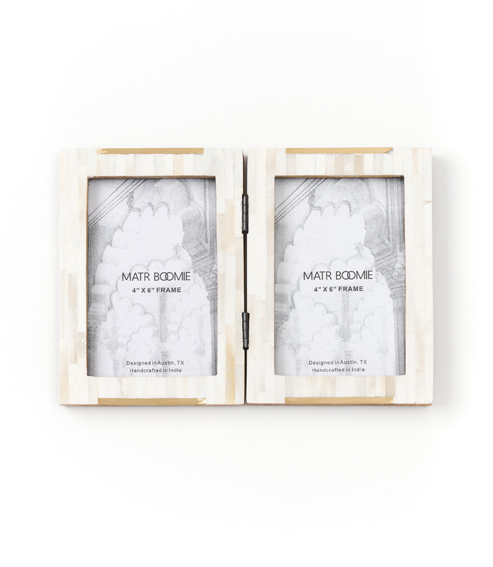 Mukhendu 4x6 Double Picture Frame - Carved Bone, Brass Accent - Osadia Concept Store