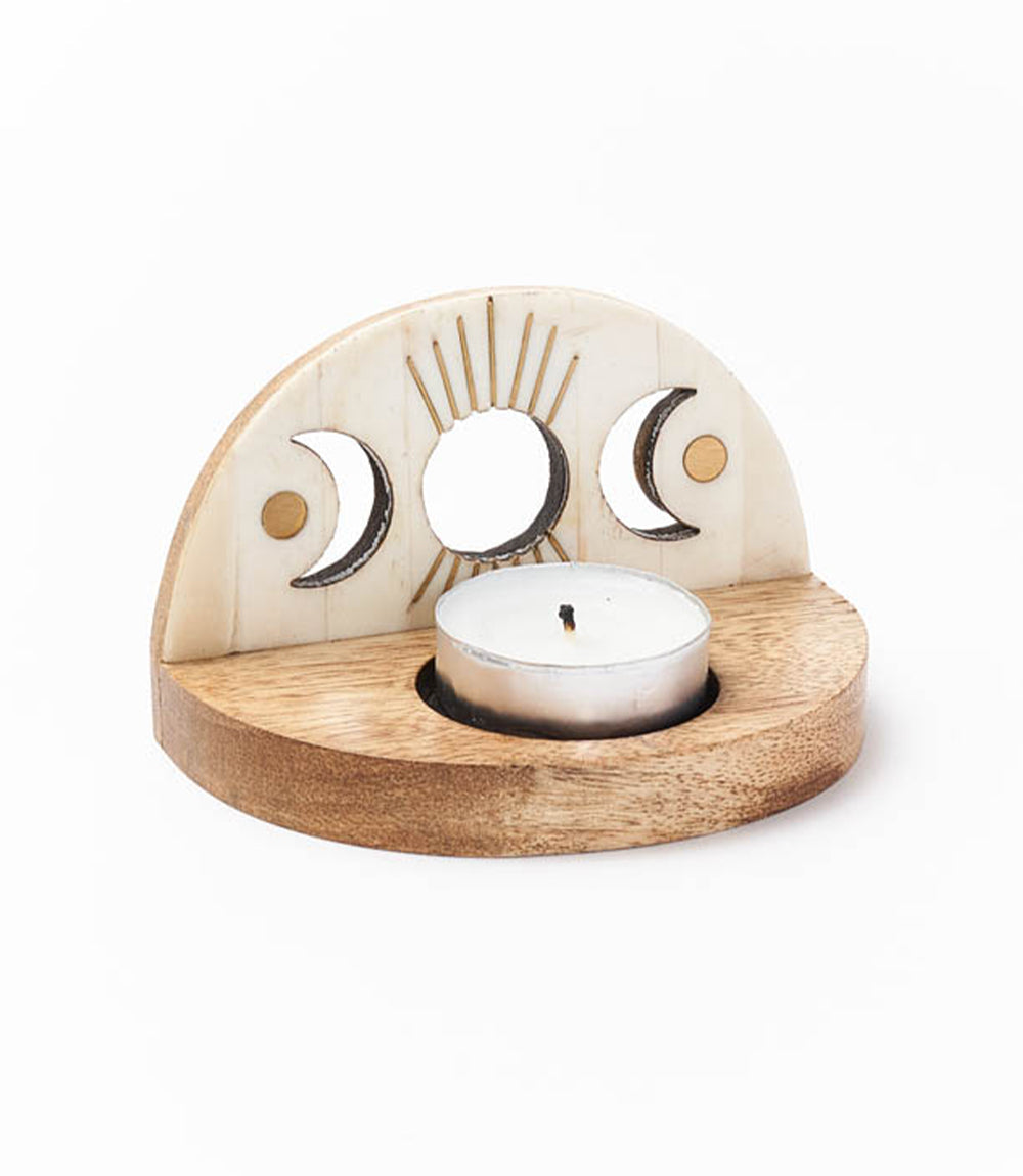 Indukala Moon Phase Tealight Candle Holder - Carved Bone Wood - Osadia Concept Store