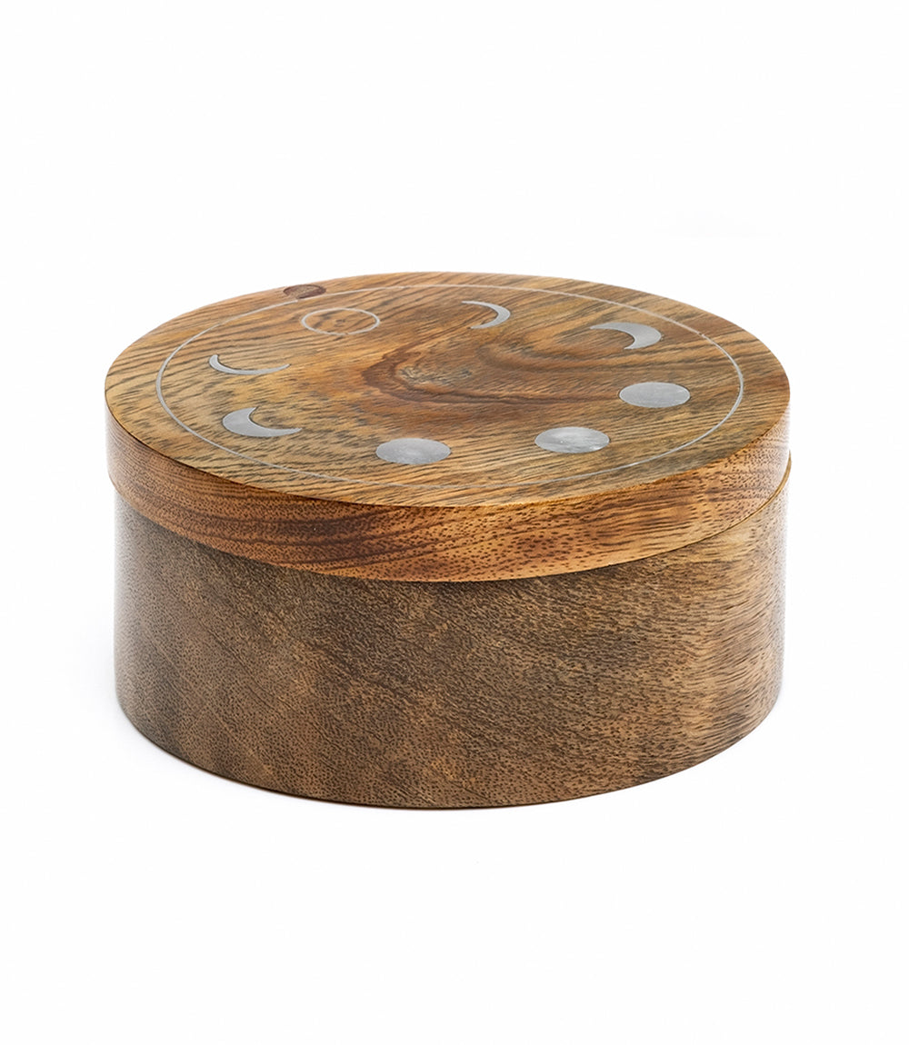 Indukala Moon Phase Round Pivot Box - Handcrafted Mango Wood - Osadia Concept Store