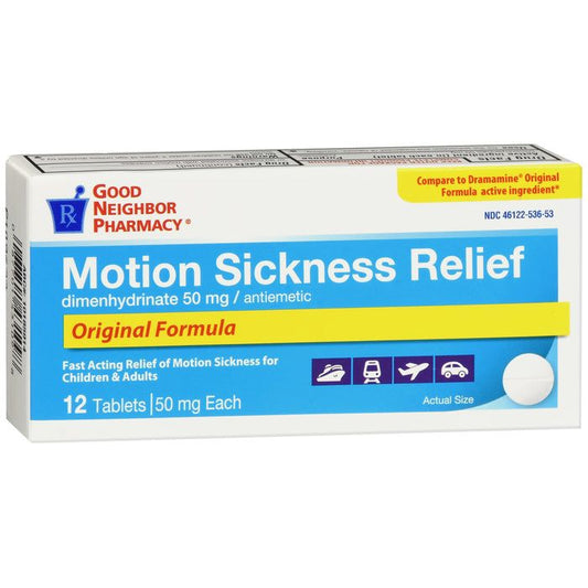 GNP Motion Sickness Relief, 50mg Tablets, 12 Count, Compare To Dramamine