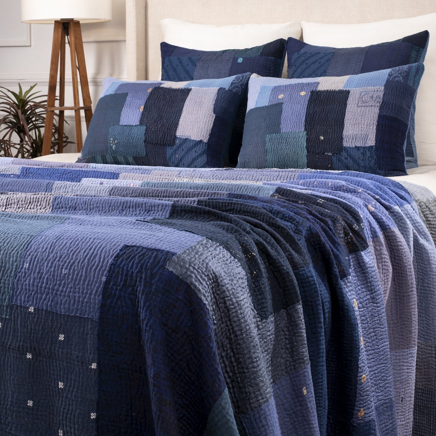 Landscape Fray Patch Vintage Kantha Throw - Navy