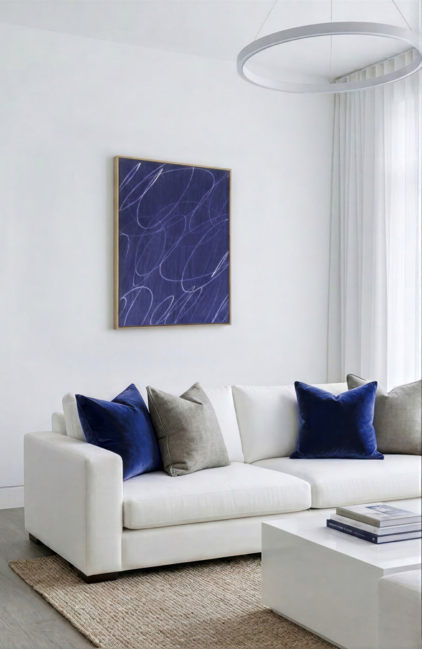 Gestural Marks in Deep Ocean Framed Wall Art