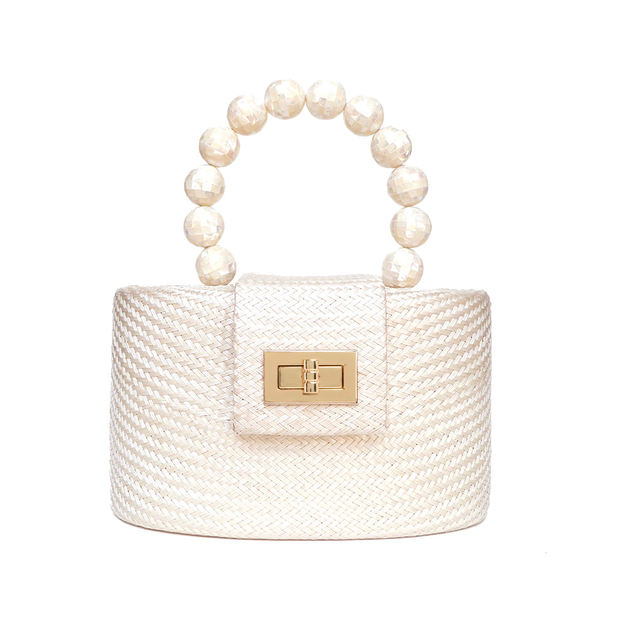 THE OLIVIA — Cream & Pearl Woven Straw Top-Handle Bag with Pearl Handle
