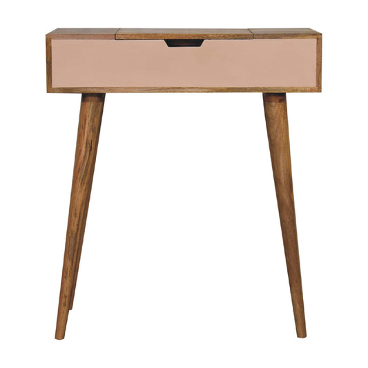Solid Wood Mini Pink Dressing Table, 4 Compartments, Nordic Legs, Pink and Light Brown